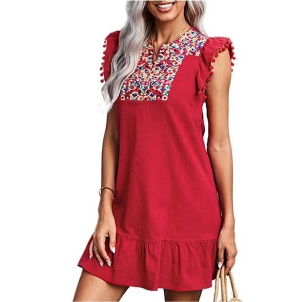 Kirundo Red Embroidered Linen Blend Dress Large